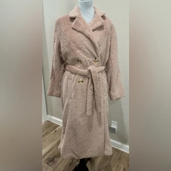 🆕 FREE PEOPLE Cuff it Coat Pink Teddy Cozy Faux Fur Trench Coat Jacket - Picture 5 of 13